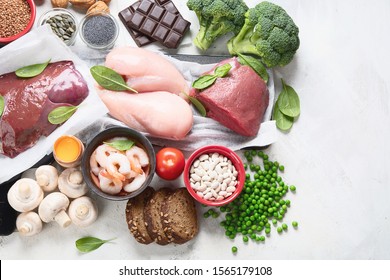 Foods High In Iron For Boosts Hemoglobin And Red Blood Cell Production. Food For Healthy Pregnancy. Top View With Copy Space