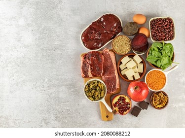 Foods high in Iron, a great source for your health, nervous and endocrine system, organic ingredients. Healthy diet concept, copy space - Shutterstock ID 2080088212