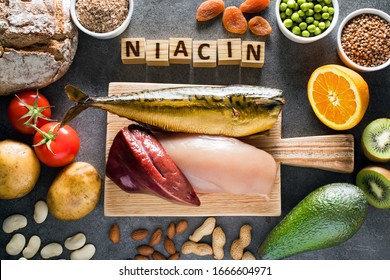 Foods high in Niacin (Vitamin B3) as liver, chicken breast, mackerel, bread, wheat bran, buckwheat, potatoes, tomatoes, bean , almonds, peanuts, green peas, dried apricots, kiwi, orange and avocado
