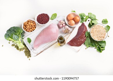 Foods High In Selenium. Healthy Diet Concept. Top View With Copy Space