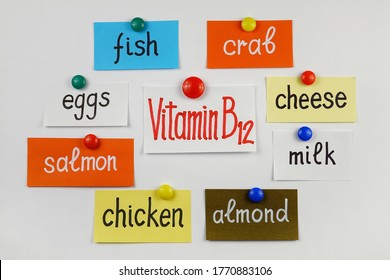 Foods high in vitamin B12, multicolored stickers on a white magnetic board.