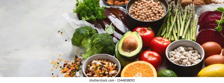 Foods High In Vitamin B9. Healthy Food, Sources Of Folic Acid. Panorama, Banner With Copy Space