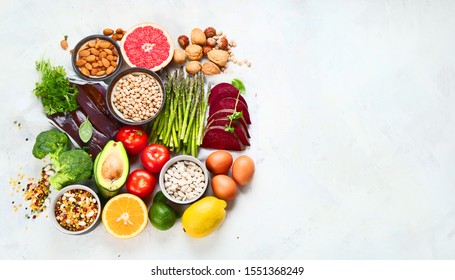 Foods High In Vitamin B9. Healthy Food, Sources Of Folic Acid. Top View With Copy Space. Panorama, Banner 