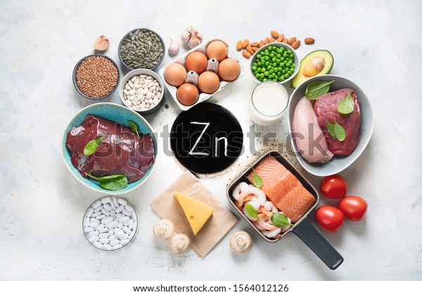 Foods High\
in Zinc for lowers cholesterol; reproduce health, boosts immune\
system. Healthy diet concept. Top view\
