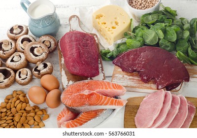Foods Highest in Natural Vitamin B2. Healthy dieting. View from above