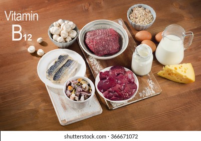 Foods Highest in Vitamin B12 (Cobalamin) on a wooden background. Healthy diet.