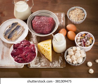 Foods Highest in Vitamin B12  on a wooden background. Healthy eating. View from above