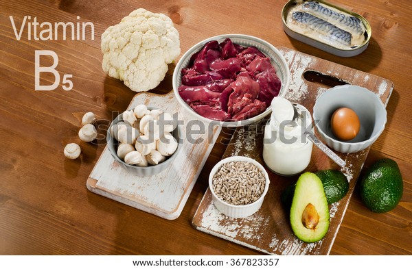 Foods Highest in Vitamin B5 (Pantothenic Acid) on a wooden table.