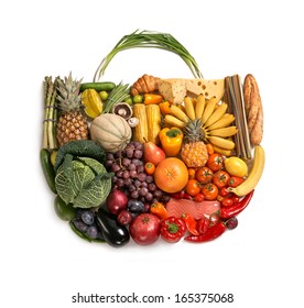 Foods Made Handbag / Studio Photography Of Designer Handbag Made From Different Fruits And Vegetables - Isolated On White Background 