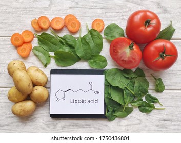 Foods rich in alpha lipoic acid with structural chemical formula of lipoic acid. Various fresh vegetable as best food sources of alpha lipoic acid.  Carrot, tomato, spinach, potatoes.