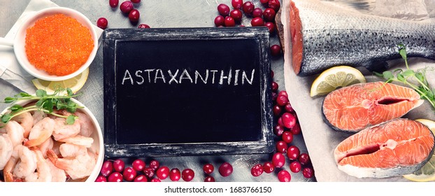 Foods Rich In Astaxanthin, Carotenoid And Antioxidants. Panorama, Banner