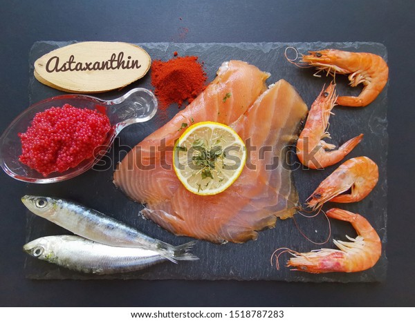 Foods rich in\
astaxanthin. Seafoods as natural sources of astaxanthin: salmon,\
caviar, shrimps, fish, trout. Astaxanthin is a red pigment,\
carotenoid and\
super-antioxidant.