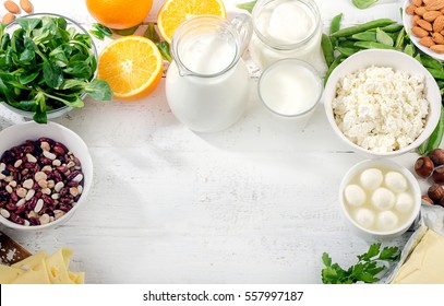 Foods rich in calcium. Healthy eating. Top view