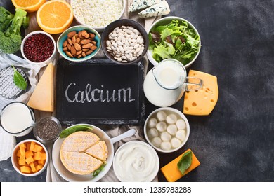 Foods Rich In Calcium. Healthy Food. Top View With Copy Space