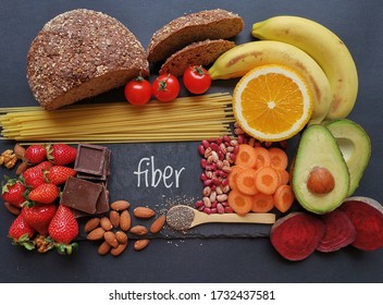 Foods Rich In Fiber. Fiber High Foods. Natural Sources Of Fiber: Almond, Strawberry, Banana, Dark Chocolate, Cherry Tomato, Whole Grain Bread, Spaghetti, Chia, Beetroot, Carrot, Bean, Orange, Avocado.