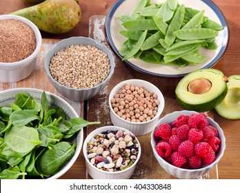 Foods rich in Fiber on wooden table. Healthy eating. Selective focus