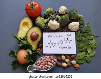 Foods Rich In Folic Acid (vitamin B9) With Structural Chemical Formula Of Folic Acid. Natural Food Sources Of Vitamin B9: Avocado, Cauliflower, Broccoli, Eggs, Tomato, Spinach, Beans, Nuts, Parsley.