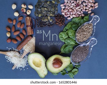 Foods rich in manganese with the chemical symbol Mn for the chemical element manganese. Natural sources of manganese: avocado, chia, cloves, cinnamon, black pepper, spinach, beans, sesame, rice, nuts.