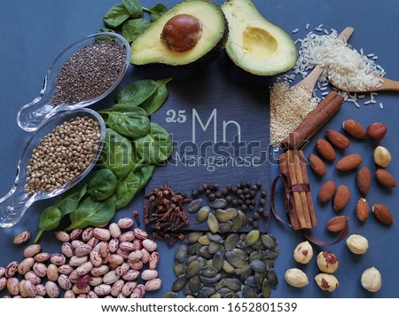 Foods rich in manganese with the chemical symbol Mn for the chemical element manganese. Natural sources of manganese: avocado, chia, cloves, cinnamon, black pepper, spinach, beans, sesame, rice, nuts.