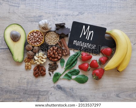 Foods rich in manganese with the chemical symbol Mn for the chemical element manganese. Natural sources of manganese: avocado, garlic, nuts, spinach, clove, black pepper, lentil, bean, strawberry, etc