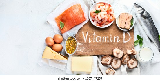 Foods Rich In Natural Vitamin D. Balanced Diet Nutrition. Healthy Eating Concept. Panorama, Banner With Copy Space
