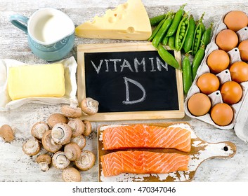 Foods Rich In Vitamin D. Healthy Eating Concept. Flat Lay