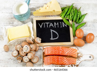 Foods rich in vitamin D. Top view - Shutterstock ID 465164366