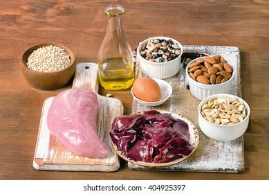 Foods With Selenium  On Rustic Wooden Board.