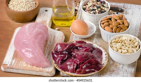 Foods With Selenium  On A Wooden Table.