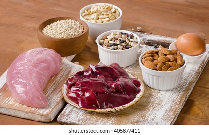 Foods With Selenium  On  Wooden Table.