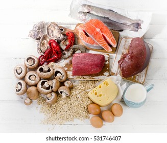 Foods of Vitamin B12 (Cobalamin). Healthy eating. Top view