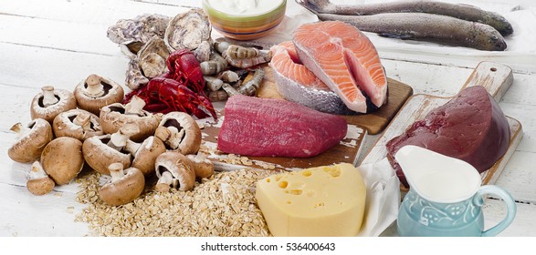 Foods of Vitamin B12 (Cobalamin). Healthy eating. View from above. Banner