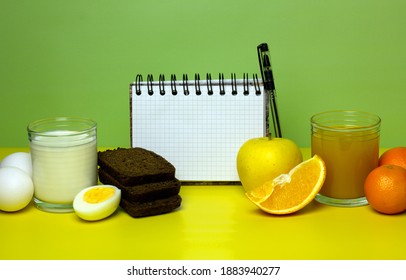 Foods You Can Eat On A Bland Diet. Time To Lose Weight. Milk, Bread, Eggs, Juice, Fruits On Yellow And Green Background. Concept Of Healthy Eating. Copy Space.