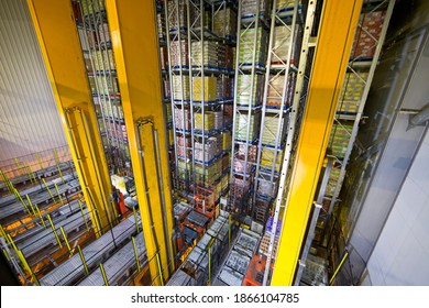 Foodstuff merchandise stored in warehouse with an automated storage and retrieval systems  - Shutterstock ID 1866104785