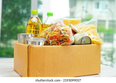 Foodstuffs In Donation Box For Volunteer.