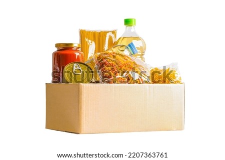 Foodstuffs in donation box for volunteer to help people.