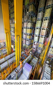 Foodstuffs merchandise stored in automated storage and retrieval systems warehouse stack - Shutterstock ID 1586691004