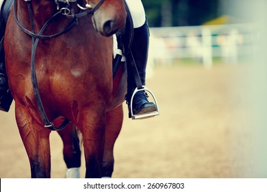 Foot of the athlete in a stirrup astride a horse