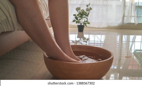 Foot Bath In Bowl And Tropical, Spa Pedicure Treatment,