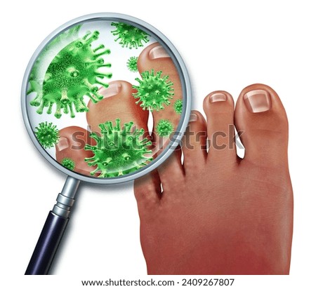 Foot Fungus disease with a close up of the human body showing toes with green bacteria or virus under a magnifying glass with illness of the skin as a podiatry or podiatric medicine concept.