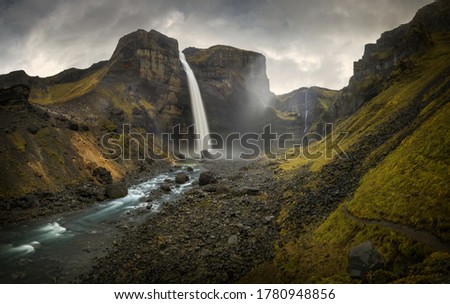 At the foot of the Haifoss waterfall