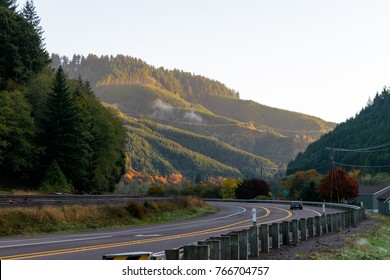 Foot hills of the Central Oregon Coast Range southwest of the Willamette Valley scene from the Florence Eugene Highway at dawn in autumn