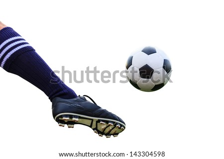 foot kicking soccer ball isolated with clipping path