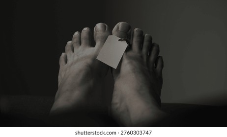 The foot of a labeled corpse in dramatic dark color.