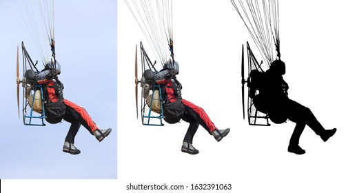 Foot launch paramotor taking off or take off or landing isolated on white. Powered paraglider ("PPG")
