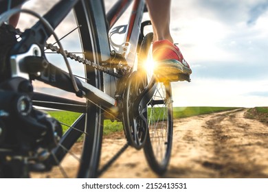 Foot On Bike Pedal At Sunset. Close Up Rear View Cyclist Pedalling. Bicycle On The Road.