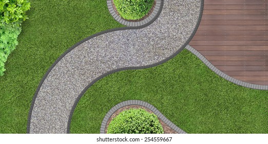 Foot Path Through The Garden In Aerial View