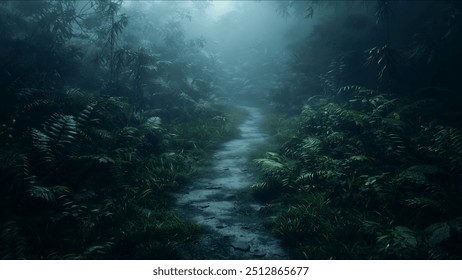 Foot path through greenery jungle Mistry with foggy - Powered by Shutterstock