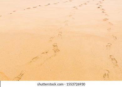 Foot Prints On A Golden Sand Clean Beach Wide Shot On A Sunny Day