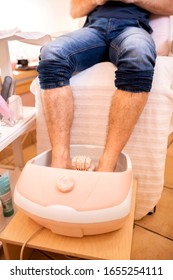 Foot Spa Tub, Feet Pedicure, Male Legs In A Foot Bath Tub  